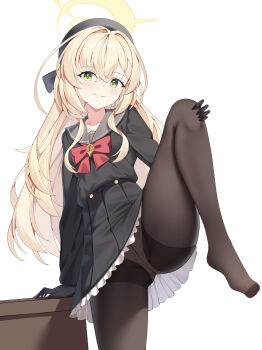 1girl barefoot beret black_bow black_gloves black_hat black_pantyhose black_sailor_collar black_shirt black_skirt blonde_hair blue_archive blush bow bowtie closed_mouth crossed_bangs feet frilled_skirt frills gloves green_eyes hair_between_eyes hair_bow halo hand_on_own_knee hat highres holding_own_leg knee_up leaning_on_table leg_up loli long_hair long_sleeves looking_at_viewer no_shoes panties panties_under_pantyhose pantyhose professor_niyaniya_(blue_archive) red_bow red_bowtie sailor_collar shirt simple_background skirt smile sob_(submar1089) solo split_mouth standing standing_on_one_leg thighband_pantyhose toes underwear very_long_hair white_background white_panties yellow_halo