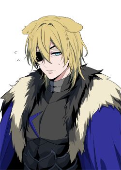 1boy animal_ears armor black_armor black_fur blonde_hair blue_cape blue_eyes breastplate cape closed_mouth commentary_request dimitri_alexandre_blaiddyd dimitri_alexandre_blaiddyd_(timeskip) double-parted_bangs ears_down eyepatch fire_emblem fire_emblem:_three_houses flying_sweatdrops fur-trimmed_cape fur_trim hair_between_eyes highres kemonomimi_mode male_focus megubiru nintendo one_eye_covered solo white_fur