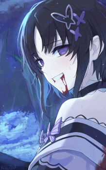 Rule 34 | 1girl, bare shoulders, black choker, black hair, blood, blood from mouth, blue background, choker, commentary request, eyeshadow, from behind, housho margo, kotetsu 080, looking at viewer, looking back, mahou shoujo no majo saiban, makeup, purple eyes, purple eyeshadow, short hair, smile, solo, upper body