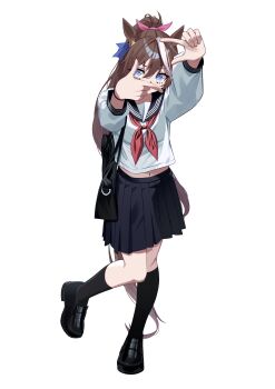 1girl absurdres animal_ears bag black_bag black_sailor_collar black_shoes black_skirt black_socks blue_eyes blue_ribbon bow brown_hair ear_ribbon finger_frame fingernails full_body hair_bow hashtag-only_commentary highres horse_ears horse_girl horse_tail loafers long_hair long_sleeves midriff multicolored_hair navel neckerchief pink_bow ponytail red_neckerchief ribbon sailor_collar school_uniform serafuku shirt shoes shoulder_bag simple_background skirt socks solo standing streaked_hair tail tokai_teio_(umamusume) umamusume white_background white_hair white_shirt woongbi