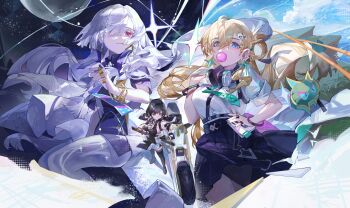 3girls absurdres black_hair black_nails blonde_hair blowing_bubble_gum blue_eyes breasts chewing_gum cleavage commentary earrings female_rover_(wuthering_waves) grey_hair hair_ornament hair_over_one_eye hand_on_own_hip hand_on_weapon headphones headphones_around_neck highres jewelry long_hair lynae_(wuthering_waves) moon mornye_(wuthering_waves) motor_vehicle motorcycle multiple_girls red_eyes ring rover_(wuthering_waves) sentter skull_hair_ornament wuthering_waves yellow_eyes