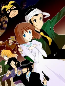 2girls 5boys arsene_lupin_iii bandages black_hair blue_eyes brown_hair castle_of_cagliostro cigarette clarisse_de_cagliostro count_cagliostro dress gradient_background green_jacket gun handgun hat ishikawa_goemon_xiii jacket jigen_daisuke lupin_iii mine_fujiko multiple_boys multiple_girls pistol upper_body weapon