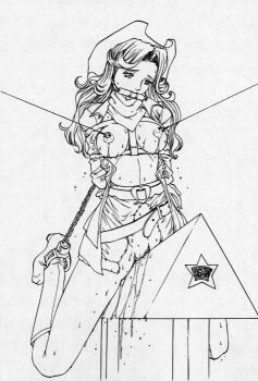 Rule 34 | 1990s (style), 1girl, arms behind back, bdsm, belt, bit gag, blonde hair, bondage, boots, bound, breasts, cow girl, cowboy bebop, cowboy boots, cowboy hat, female focus, full body, gag, greyscale, hat, judy (cowboy bebop), linea alba, lineart, long hair, medium breasts, miniskirt, monochrome, neckerchief, nipple piercing, nipple pull, nipple stimulation, nipples, no bra, no panties, piercing, piercing pull, pussy, pussy juice, pussy juice drip, pussy juice trail, retro artstyle, simple background, skirt, solo, straddling, sweat, torn clothes, torn skirt, uncensored, wooden horse