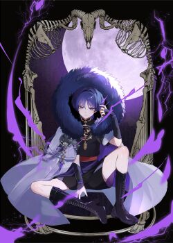 1boy aiguillette animal_skull arm_at_side armor black_boots black_shirt black_shorts blunt_ends bone boots chain closed_mouth coat covered_collarbone electricity eyeliner eyeshadow fatui_coat fatui_logo full_body full_moon fur-trimmed_hood fur_hood fur_trim genshin_impact gold_ring hair_intakes hand_up highres hood japanese_armor jewelry knee_boots knee_up kote kurokote lace-up_boots looking_at_viewer makeup male_focus moon neck_ring open_clothes open_coat purple_eyes purple_hair purple_rope purple_sash red_eyeliner red_eyeshadow red_sash riku_(rrr_gns) rope sash scaramouche_(genshin_impact) shimenawa shirt shorts skeleton smile solo white_coat white_rope white_sleeves winter_clothes winter_coat