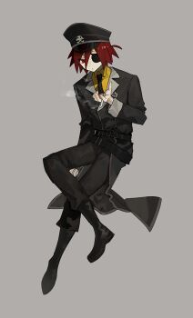 1boy anonymous1203 belt black_belt black_boots black_hat black_jacket black_necktie black_pants boots cigarette collared_shirt epic_battle_fantasy expressionless eyepatch full_body grey_background hat hat_ornament highres holding holding_cigarette jacket lance_(epic_battle_fantasy) male_focus military_uniform necktie pants red_eyes red_hair shirt short_hair simple_background skull_hat_ornament yellow_shirt