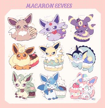 animal_focus banchiku black_eyes blue_eyes brown_eyes cherry colored_sclera commentary_request crescent eevee espeon flareon flower food fruit gen_1_pokemon gen_2_pokemon gen_4_pokemon gen_6_pokemon glaceon green_eyes hat highres jolteon leafeon lemon lemon_slice macaron nintendo no_humans pokemon pokemon_(creature) purple_eyes red_sclera ribbon smile star_(symbol) strawberry sylveon umbreon vaporeon whipped_cream