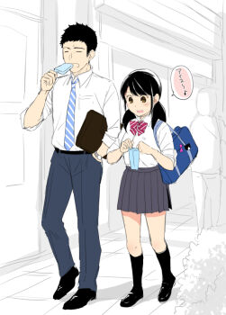 1boy 1girl 1ldk_+_jk_ikinari_doukyo?_micchaku!?_hatsu_ecchi!!? bag black_hair black_shoes black_socks bow bowtie brown_eyes closed_eyes commentary_request diagonal-striped_bow diagonal-striped_bowtie diagonal-striped_clothes diagonal-striped_necktie food fumizuki_sou hand_in_pocket hazama_ken holding holding_bag holding_food holding_popsicle holding_suitcase low_twintails miniskirt misaki_akane necktie no_sclera pleated_skirt popsicle school_bag school_uniform shoes skirt sleeves_rolled_up socks striped_bow striped_bowtie striped_clothes suitcase translation_request twintails watch wristwatch