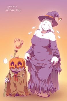 1boy 1girl closed_eyes furry goat hat oona_seki pumpkin sans_(undertale) skeleton toriel undertale utdr_(toby_fox) witch_clothes witch_hat