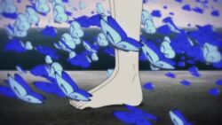 1girl animated black_hair blue_hat bug butterfly cherry_blossoms cloud cloudy_sky feet green_eyes hat high_heels highres insect marie_(persona_4) nails nude persona persona_4 persona_4_the_golden red_skirt shirt skirt sky tagme video white_shirt