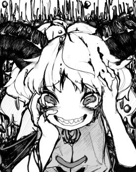 1girl @_@ blood crying curly_hair earrings flat_chest greyscale grin hands_on_own_head highres horizontal_pupils horns jewelry looking_at_viewer monochrome motutigire pointy_ears sharp_teeth sheep_horns shirt smile solo teeth touhou toutetsu_yuuma