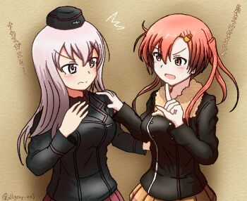 Rule 34 | 2girls, bellwall military uniform, black hat, black jacket, brown skirt, commentary request, garrison cap, girls und panzer, girls und panzer little army, haiiro purin, hair ornament, hairpin, hand on another's shoulder, hat, jacket, kuromorimine military uniform, long hair, multiple girls, nakasuga emi, one-hour drawing challenge, orange hair, pink hair, red skirt, sheska (girls und panzer), signature, skirt, translation request, twitter username