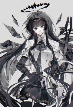 1girl absurdres arknights ascot black_ascot black_eyes black_gloves black_hair black_halo black_skirt black_thighhighs bochishiraita bow_(music) bright_pupils chromatic_aberration closed_mouth collared_shirt cowboy_shot dark_halo detached_wings elbow_gloves gloves grey_background halo hashtag-only_commentary highres holding holding_bow_(music) holding_instrument instrument long_hair looking_at_viewer shirt simple_background skirt smile solo standing thighhighs virtuosa_(arknights) white_pupils white_shirt wings