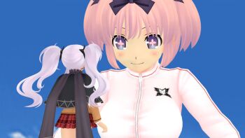 2girls 3d black_ribbon blue_sky breasts commentary day did_you_want_to_talk?_(meme) english_commentary flybytails giant giantess hibari_(senran_kagura) highres jacket large_breasts meme multiple_girls outdoors pink_hair purple_hair ribbon senran_kagura short_hair size_difference skirt sky tomodachi_life tomodachi_life:_living_the_dream track_jacket twintails yagyu_(senran_kagura)