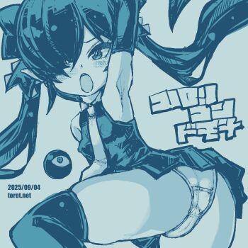 1girl ;o arm_up armpits ass backbeako_(torotei) backbeard bare_shoulders blue_background blue_theme blush breasts commentary covered_erect_nipples dated dated_commentary dress elbow_gloves gegege_no_kitarou gloves hair_over_one_eye hair_ribbon kono_lolicon_domome loli long_hair looking_at_viewer looking_back monochrome one_eye_closed open_mouth original paid_reward_available panties pointy_ears ribbon simple_background skindentation sleeveless small_breasts solo thighhighs torotei translated twintails underwear very_long_hair watermark web_address