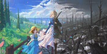 2girls absurdres ann_magnolia bare_tree blue_sky cloud dress grey_sky gun helmet highres holding_hands long_dress military_uniform mud multiple_girls puddle scenery sky split_screen split_theme suikagcy tree violet_evergarden violet_evergarden_(series) weapon