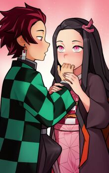 1boy 1girl black_hair brown_hair bulge earrings eye_contact finger_in_another's_mouth gradient_background hair_ribbon highres incest japanese_clothes jewelry kamado_nezuko kamado_tanjirou kimetsu_no_yaiba kimono long_hair long_sleeves loodncrood looking_at_another multicolored_hair pink_background pink_eyes pink_kimono pink_ribbon red_hair ribbon sash white_background