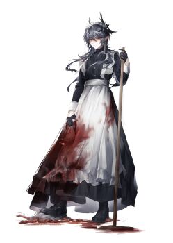 1boy absurdres alternate_costume apron arknights black_boots black_dress black_gloves blood blood_on_clothes boots buttons closed_mouth crossdressing crossdressing_(mtf) demon_horns dress enmaided floating_hair full_body gloves grey_hair hair_between_eyes half_gloves highres holding holding_mop horns logos_(arknights) long_hair looking_at_viewer maid maid_apron maid_headdress male_focus male_maid mole mole_under_eye monster mop pointy_ears red_eyes simple_background solo takano_jiyuu touch_of_sanguinarch_(arknights) white_apron