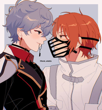 2boys black_necktie black_suit blue_background blue_eyes border chest_belt choker commentary_request earrings ensemble_stars! formal_clothes green_eyes grey_hair haruta_oekakika high_collar highres implied_yaoi jacket jacket_on_shoulders jewelry key key_in_mouth lapel_pin lapels looking_at_another low_ponytail medium_hair multiple_boys muzzle_(mask) necktie orange_hair ponytail profile red_shirt scar scar_on_face sena_izumi_(ensemble_stars!) shirt short_hair simple_background straitjacket strap suit tsukinaga_leo white_border