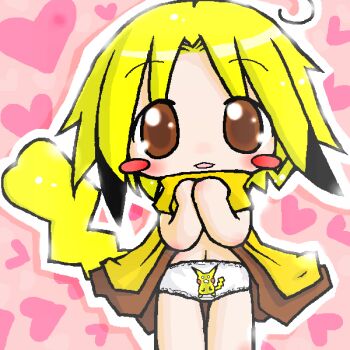 1girl :3 ahoge animal_ears annyui blonde_hair blush blush_stickers brown_eyes character_print gen_1_pokemon hands_on_own_chest heart heart_background loli looking_at_viewer moemon navel nintendo open_mouth panties personification pikachu pikachu_ears pikachu_tail pink_background pokemon pokemon_tail print_panties short_hair smile standing tail topless_female underwear white_panties yellow_cloak