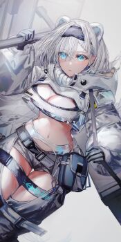 Rule 34 | 1girl, absurdres, akqne, animal ears, arknights, aurora (arknights), bear ears, bear girl, black gloves, black hairband, black pants, blue eyes, breasts, cleavage cutout, clothing cutout, cowboy shot, cropped jacket, dutch angle, extra ears, gloves, hair over one eye, hairband, hand up, highres, holding, infection monitor (arknights), jacket, large breasts, long bangs, long sleeves, looking at viewer, midriff, navel, pants, parted lips, revision, simple background, thigh cutout, thigh gap, thigh strap, thighs, white background, white hair, white jacket