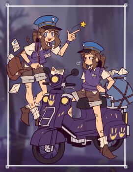 1girl a_hat_in_time alternate_costume bag bandaid bandaid_on_leg blue_bag blue_eyes blue_hat brown_bag brown_hair brown_shoes brown_shorts character_name child envelope finger_gun fujimna full_body hair_tie hat hat_kid highres looking_at_viewer medium_hair motor_vehicle multiple_views name_tag on_scooter open_mouth pdf_available ponytail purple_background purple_sweater_vest rear-view_mirror rope scooter shirt shoes short_sleeves shorts shoulder_bag shoulder_strap sidelocks smile star_(symbol) sweater_vest teeth upper_teeth_only white_shirt
