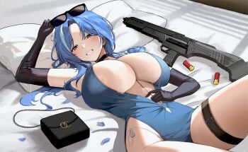 1girl absurdres armpits bare_shoulders black_choker black_gloves blue_dress blush breasts bullpup choker commentary double-barreled_shotgun dp-12_(girls'_frontline) dress elbow_gloves english_commentary eyewear_on_head girls'_frontline girls'_frontline_2:_exilium gloves gun harafrontline helen_(girls'_frontline_2) helen_(starlit_waltz)_(girls'_frontline_2) highres huge_breasts long_hair looking_at_viewer lying official_alternate_costume on_back panties petals pillow pump_action shotgun side-tie_panties smile solo standard_manufacturing_dp-12 sunglasses thigh_strap thighs underwear weapon white_panties