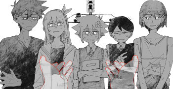 1girl 5boys absurdres antenna_hair aubrey_(faraway)_(omori) aubrey_(omori) ball basil_(faraway)_(omori) basil_(omori) basketball_(object) book closed_eyes closed_mouth collarbone collared_shirt crop_top crossed_arms crying crying_with_eyes_open disembodied_hand flower greyscale hair_flower hair_ornament hairband hero_(faraway)_(omori) hero_(omori) highres holding holding_ball holding_book jacket kel_(faraway)_(omori) kel_(omori) long_hair long_sleeves looking_at_viewer monochrome multiple_boys omori omori_(omori) shakomori_w shirt short_hair sweater sweater_vest tears