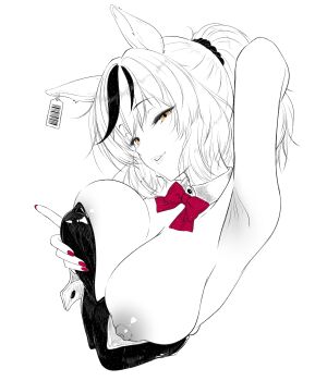 1girl absurdres alternate_breast_size_(larger) animal_ears arm_up armpits bow bowtie breasts brown_eyes commentary_request detached_collar fingernails grabbing_own_breast greyscale hair_ornament hair_scrunchie highres horse_ears horse_girl large_breasts leotard limited_palette looking_at_viewer monochrome multicolored_hair nail_polish neko4xmata_(mao_zhuo) nice_nature_(umamusume) nipples nontraditional_playboy_bunny one_breast_out ponytail red_bow red_bowtie red_nails scrunchie smile solo strapless strapless_leotard streaked_hair umamusume unaligned_breasts undersized_breast_cup