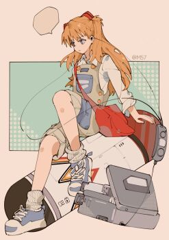 1girl absurdres artist_name bag blank_speech_bubble closed_mouth earphones full_body grey_eyes highres knee_up long_hair loose_socks m57 neon_genesis_evangelion orange_hair overalls pants pants_rolled_up photo-referenced red_bag shoes shoulder_bag sneakers socks solo souryuu_asuka_langley speech_bubble white_socks