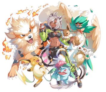 Rule 34 | 1girl, abs, animal ears, arcanine, belt, blush, boots, breasts, closed eyes, cubone, dark-skinned female, dark skin, decidueye, eevee, fangs, feathers, fire, gen 1 pokemon, gen 7 pokemon, horns, ivysaur, jacket, large breasts, muscular, muscular female, navel, nintendo, pants, poke ball, pokemon, raichu, sansin jin, scar, smile, srinitybeast, virtual youtuber, white hair, yellow eyes