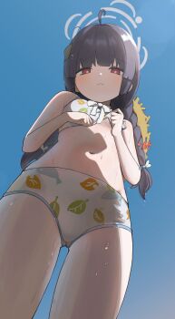 1girl absurdres bikini black_hair blue_archive braid commentary_request halo hat highres kumatoku leaf leaf_print long_hair miyu_(blue_archive) miyu_(swimsuit)_(blue_archive) official_alternate_costume red_eyes solo straw_hat swimsuit twin_braids white_bikini
