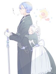 Rule 34 | 1boy, 1girl, apron, black dress, black jacket, black pants, black suit, blue flower, blue hair, cane, closed mouth, dress, elf, flower, formal, frieren, from side, gloves, height difference, hetero, highres, holding, holding cane, hug, hug from behind, jacket, juliet sleeves, long sleeves, maid, maid apron, mole, mole under eye, pants, pointy ears, puff of air, puffy sleeves, sachinyopo, short hair, simple background, sousou no frieren, suit, thick eyebrows, translation request, tuxedo, twintails, white apron, white background, white gloves, white hair
