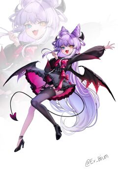 1girl ahoge animal_ears ankle_strap belt belt_buckle black_belt black_dress black_nails black_shoes black_shorts black_thighhighs black_wings blue_eyes bow bowtie buckle cone_hair_bun demon_girl demon_horns demon_tail demon_wings double_bun dress erbium fang frilled_dress frills full_body garter_straps hair_bun hair_rings heart heterochromia highres horns long_hair open_mouth purple_hair red_bow red_bowtie shoes shorts single_thighhigh solo stellive tail tenko_shibuki thigh_strap thighhighs torn_wings twitter_username two-sided_dress two-sided_fabric very_long_hair virtual_youtuber white_background wings yellow_eyes