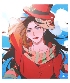 1girl arm_behind_back black_hair blue_eyes cloud commentary earrings english_commentary hat highres jacket jewelry jojo_no_kimyou_na_bouken lisa_lisa long_hair looking_to_the_side mask red_hat red_jacket red_lips scarf seirorath sky solo upper_body