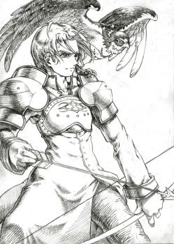 1boy archived_source arm_at_side armor arrow_(projectile) bad_link beak bird bow_(weapon) breastplate buttons claws closed_mouth coat collarbone collared_coat cowboy_shot eagle feathered_wings frown gift_art graphite_(medium) hatching_(texture) high_collar holding holding_arrow holding_bow_(weapon) holding_weapon legs_apart len_(a-7) linear_hatching lineart long_sleeves looking_ahead mabinogi monochrome pants paper_(medium) parted_bangs parted_hair partially_unbuttoned pauldrons player_character_(mabinogi) scan serious short_hair shoulder_armor simple_background sleeve_cuffs split_mouth standing traditional_media two-tone_wings v-shaped_eyebrows weapon white_background wings