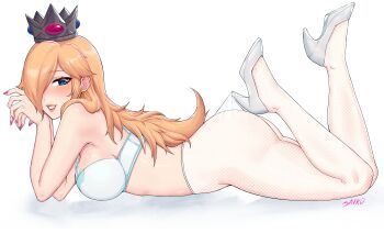 1girl absurdres ass bare_shoulders blonde_hair blue_eyes blush bra breasts commentary crown fishnet_pantyhose fishnets from_side high_heels highres lace_pantyhose_hooked_on_heel_(meme) large_breasts long_hair looking_at_viewer lying mario_(series) meme mini_crown nintendo on_stomach pantyhose parted_lips rosalina saiko_(saikoart) see-through_pantyhose simple_background smile solo the_pose underwear white_background white_bra white_pantyhose