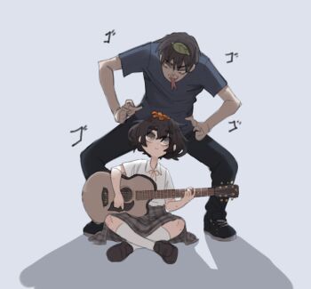 1girl artist_self-insert black_hair black_pants sophie_(popopoka) brown_hair collared_shirt freckles grey_background grey_skirt grey_socks guitar holding holding_instrument instrument kneehighs leaf leaf_on_head music neck_ribbon original pants plaid_clothes plaid_skirt playing_instrument popopoka popopoka_(character) red_ribbon ribbon shirt shoes short_hair skirt smile socks