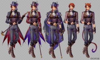 Rule 34 | 1boy, animal ears, argyle background, aristocratic clothes, ascot, black feathers, black hair, black streaks, book holster, boots, brown boots, brown gloves, brown vest, cane, cat boy, cat ears, cat tail, closed eyes, coat, coat on shoulders, coattails, commentary request, copyright notice, corset, feathers, fingerless gloves, flower, full body, fur-trimmed boots, fur trim, gloves, gold trim, grey background, grey pants, grin, happy, hat, hat feather, hat flower, hat ribbon, high heel boots, high heels, holding, holding cane, holostars, holster, juliet sleeves, kemonomimi mode, long sleeves, low ponytail, male focus, mebaru, medium hair, mole, mole under eye, monocle, multicolored hair, multiple views, official alternate costume, official art, open mouth, orange hair, pants, ponytail, puffy sleeves, purple flower, purple ribbon, purple rose, red flower, red rose, ribbon, rose, sleeves rolled up, smile, streaked hair, tail, tailcoat, thigh holster, top hat, two-sided coat, two-sided fabric, variations, vest, virtual youtuber, waistcoat, white ascot, yukoku roberu, yukoku roberu (7th costume)