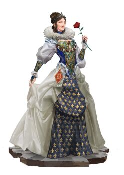 1girl alexandre_chaudret breasts closed_eyes closed_mouth collar dress fleur-de-lis flower frilled_collar frilled_dress frills full_body gold_trim highres holding holding_flower original platform queen red_flower red_rose rose simple_background small_breasts thorns tiara white_background