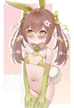 1girl :t absurdres animal_ears annoyed artist_name bare_shoulders bikini blush brown_hair closed_mouth cowboy_shot elbow_gloves embarrassed eyelashes fake_animal_ears fake_tail female_focus flat_chest gloves green_bikini green_eyes green_gloves green_necktie green_thighhighs hanami_mako hands_on_own_thighs highres indie_virtual_youtuber leaning_forward loli long_hair looking_at_viewer navel necktie orange_background playboy_bunny rabbit_ears rabbit_tail ryncka shrug_(clothing) simple_background sleeveless sleeveless_shrug solo swimsuit tail thighhighs twintails virtual_youtuber white_background white_shrug