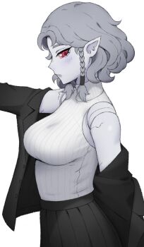 1girl agrat_bat_mahlat_(megami_tensei) alternate_costume black_jacket black_skirt blush breasts colored_sclera commentary demon_(megami_tensei) edmonmondo english_commentary eyelashes from_side grey_hair highres jacket joints large_breasts medium_hair open_clothes open_jacket parted_lips pleated_skirt pointy_ears red_eyes red_pupils red_sclera shin_megami_tensei simple_background skirt sleeveless sleeveless_sweater solo standing sweater turtleneck turtleneck_sweater white_background