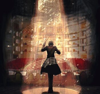 1boy black_coat coat commentary english_commentary from_behind full_body gloves hand_up highres holding holding_staff ludwig_van_beethoven male_focus musical_note musical_staff real_life revol4357 short_hair solo spotlight staff stage standing theater_seating white_gloves white_hair