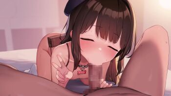 1boy 1girl :>= all_fours animated backpack bag beret blush breasts brown_eyes brown_hair censored erection fellatio flat_chest half-closed_eyes hat henreader hetero live2d loli long_hair looking_at_viewer mosaic_censoring nipples nude on_bed oral original penis pov pov_crotch sidelocks small_breasts sound spread_legs sweat tagme testicles v video