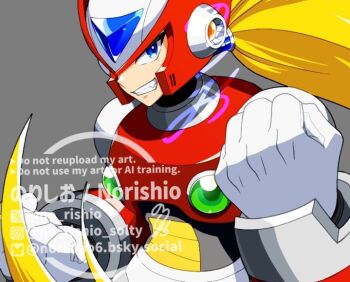 Rule 34 | 1boy, armor, blonde hair, blue eyes, clenched hands, clenched teeth, grey background, helmet, long hair, male focus, mega man (series), mega man x (series), no-rishio, red armor, red helmet, simple background, smirk, solo, teeth, upper body, watermark, zero (mega man)