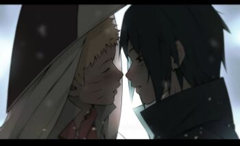 Rule 34 | 2boys, adam's apple, black border, black hair, black shirt, blonde hair, blush, border, boruto: naruto next generations, closed eyes, commentary, english commentary, facial mark, high collar, highres, hokage, imminent kiss, letterboxed, male focus, multiple boys, naruto (series), shirt, themidnights0ng, uchiha sasuke, uzumaki naruto, whisker markings, yaoi