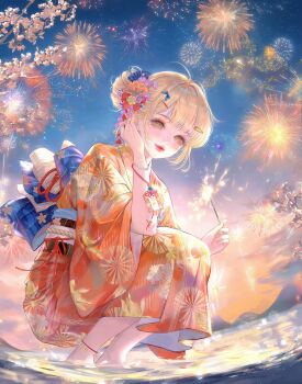 1girl anklet blonde_hair bracelet fireworks floral_print flower hair_bun hair_flower hair_ornament hairclip highres holding japanese_clothes jewelry kimono large_variant_set looking_at_viewer night obi orange_kimono original outdoors sash short_hair sky smile solo sparkler squatting variant_set water xixizi