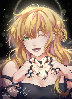 1girl ;d absurdres aegyo_sal black_dress black_nails blonde_hair blunt_bangs breasts character_name cleavage clothing_request dress finger_heart green_eyes grin halo halo_behind_head highres lens_flare light_particles long_hair long_sidelocks looking_at_viewer omniscient_reader&#039;s_viewpoint one_eye_closed open_mouth pink_streaks saihachi06 sidelocks smile solo upper_body uriel_(omniscient_reader&#039;s_viewpoint)