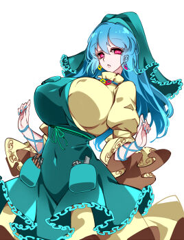 1girl apron arm_ribbon blue_hair blue_nails breasts covered_navel cowboy_shot dress earrings eyelashes fingernails green_apron green_head_scarf green_headscarf hair_between_eyes hands_up haniyasushin_keiki headscarf highres jewelry large_breasts long_fingernails long_hair looking_at_viewer magatama magatama_earrings magatama_necklace nail_polish necklace open_mouth pink_eyes pocket puffy_short_sleeves puffy_sleeves raptor7 ribbon short_sleeves simple_background solo standing tools touhou white_background wood_carving_tool yellow_dress