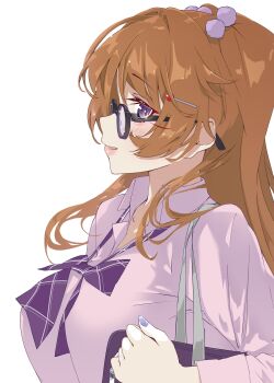 1girl absurdres black-framed_eyewear blush bow bowtie breasts brown_hair collared_shirt commentary_request glasses gyaru gyarugasaki hair_bobbles hair_ornament hairclip highres kogal konoe_kanata large_breasts long_hair long_sleeves looking_at_viewer love_live! love_live!_nijigasaki_high_school_idol_club matatabianko parted_lips pink_shirt plaid_bow plaid_bowtie plaid_clothes purple_bag purple_bow purple_bowtie purple_eyes school_uniform shirt simple_background solo two_side_up white_background