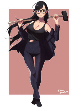 Rule 34 | 1girl, absurdres, black-framed eyewear, black hair, black jacket, black pants, black shoes, black tank top, breasts, bright pupils, cleavage, closed mouth, collarbone, commentary request, cruzango0510, eyelashes, full body, glasses, hammer, highres, holding, holding hammer, holding weapon, jacket, long hair, minakata hizuru, off shoulder, open clothes, open jacket, outline, pants, purple eyes, shoes, simple background, sledgehammer, solo, standing, summertime render, tank top, weapon, white outline, white pupils